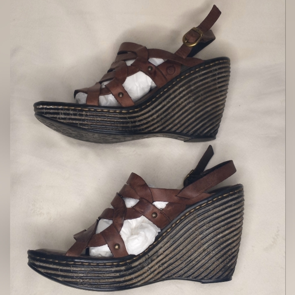 Born Leather Bohemian Woven Strappy Slingback Brown Classic Hippie Wedge Sandals - Picture 6 of 10